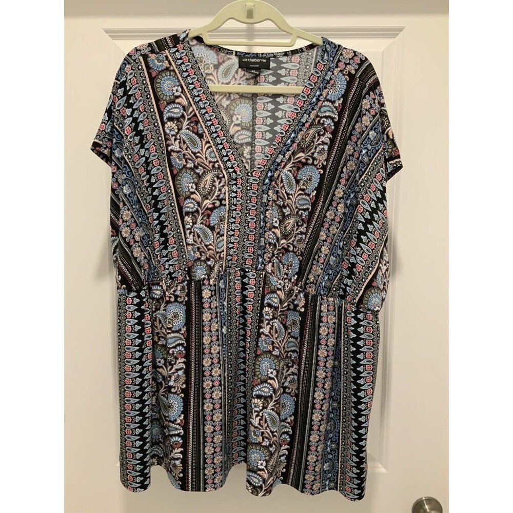 Liz Claiborne Top 2X Woman's Plus Loose V-Neck Casual Elastic Waist Color Print